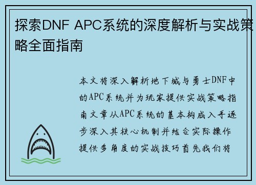 探索DNF APC系统的深度解析与实战策略全面指南